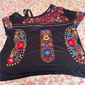 Source Unknown Black Blouse with Vibrant Embroidery